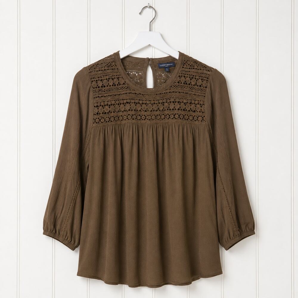 Daniel Rainn Womens L Brown Lace Yoke Peasant Blouse 3/4 Sleeve Rayon Boho